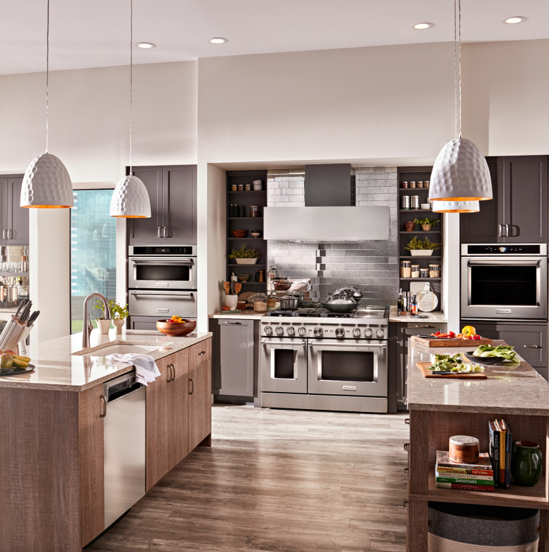 Pendant lights hanging over kitchen islands