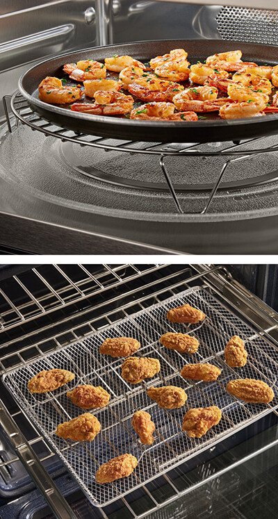 Side-by-side image of shrimp on a pan and fried chicken in an air fry basket Side-by-side image of shrimp on a pan and fried chicken in an air fry basket