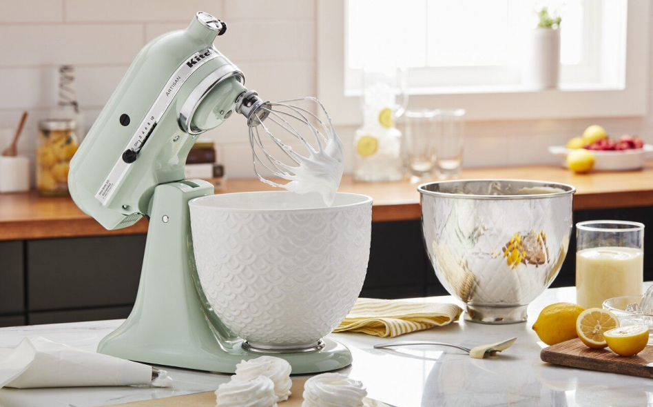 Pistachio stand mixer with white mermaid lace bowl and quilted stainless steel bowl Pistachio stand mixer with white mermaid lace bowl and quilted stainless steel bowl