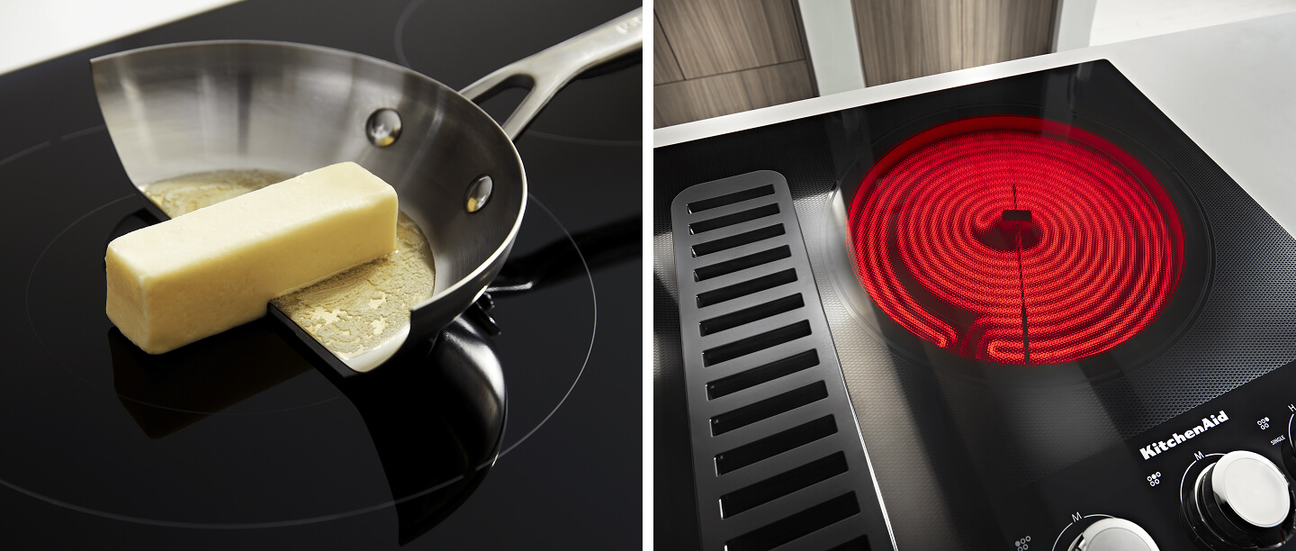 Side-by-side comparison of induction and electric cooktops heating Side-by-side comparison of induction and electric cooktops heating