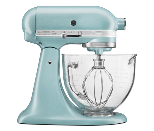 Side profile of light blue stand mixer with glass bowl
