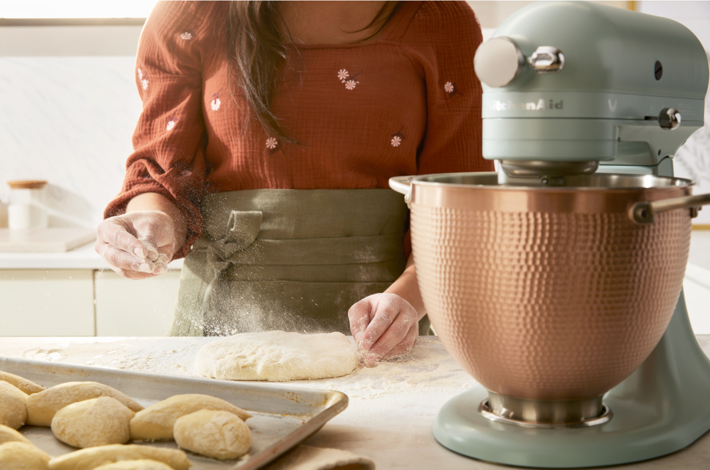 Green KitchenAid® stand mixer with copper mixing bowl