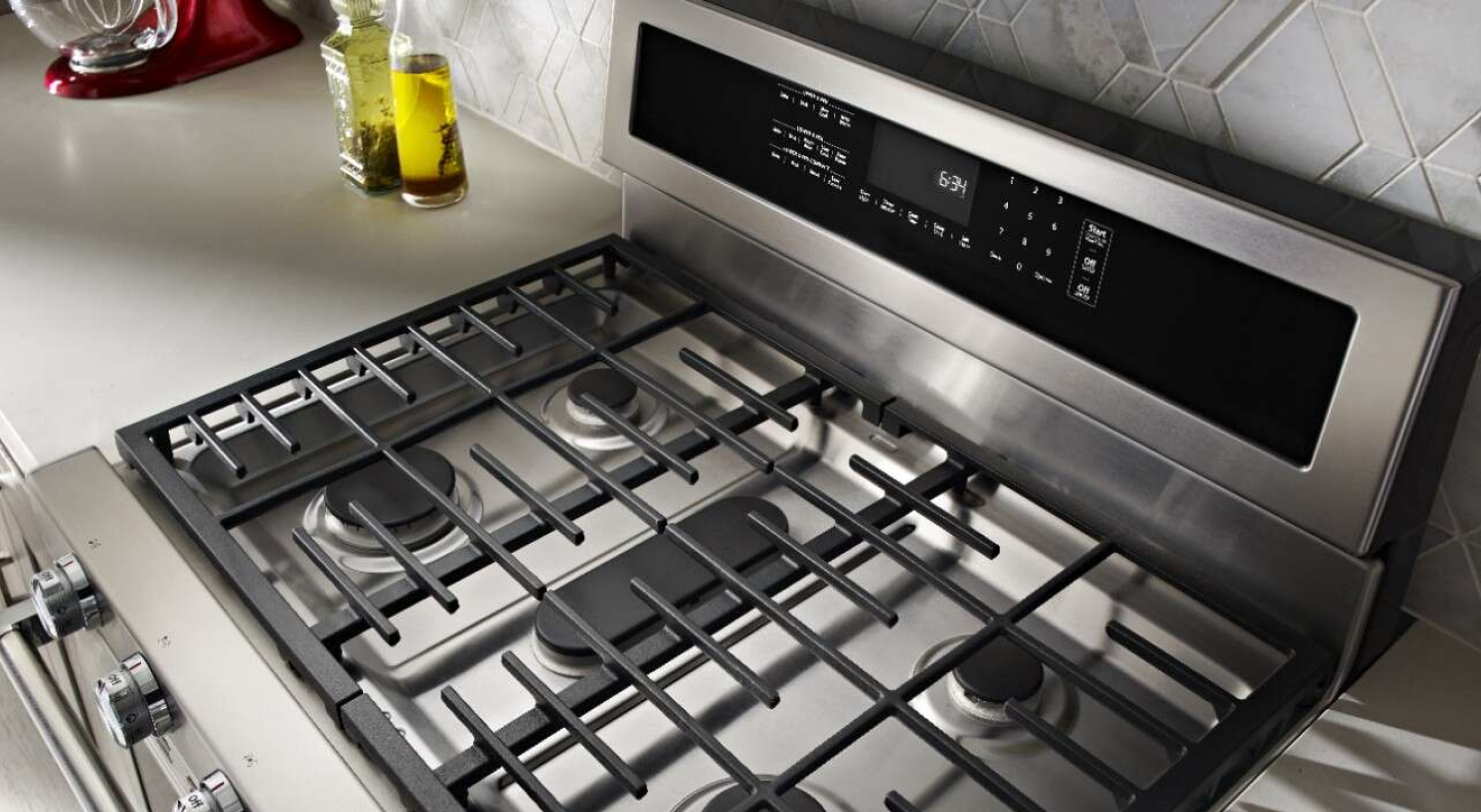 Gas range cooktop overhead view Gas range cooktop overhead view