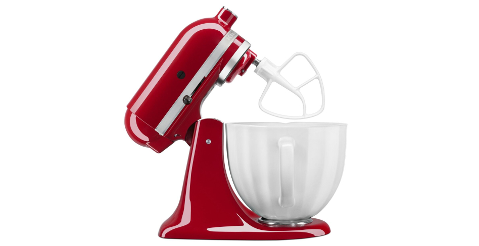 Side profile of red tilt-head stand mixer with head tilted back Side profile of red tilt-head stand mixer with head tilted back