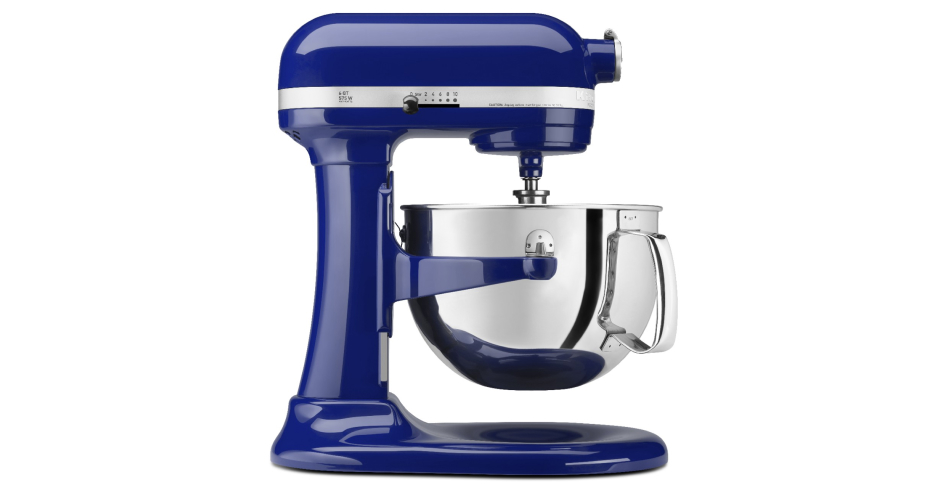 Side profile of blue bowl-lift stand mixer Side profile of blue bowl-lift stand mixer