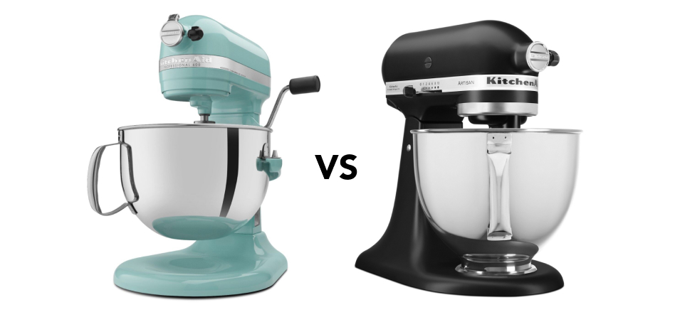 Blue bowl-lift stand mixer next to a black tilt-head stand mixer with “vs” in between Blue bowl-lift stand mixer next to a black tilt-head stand mixer with “vs” in between