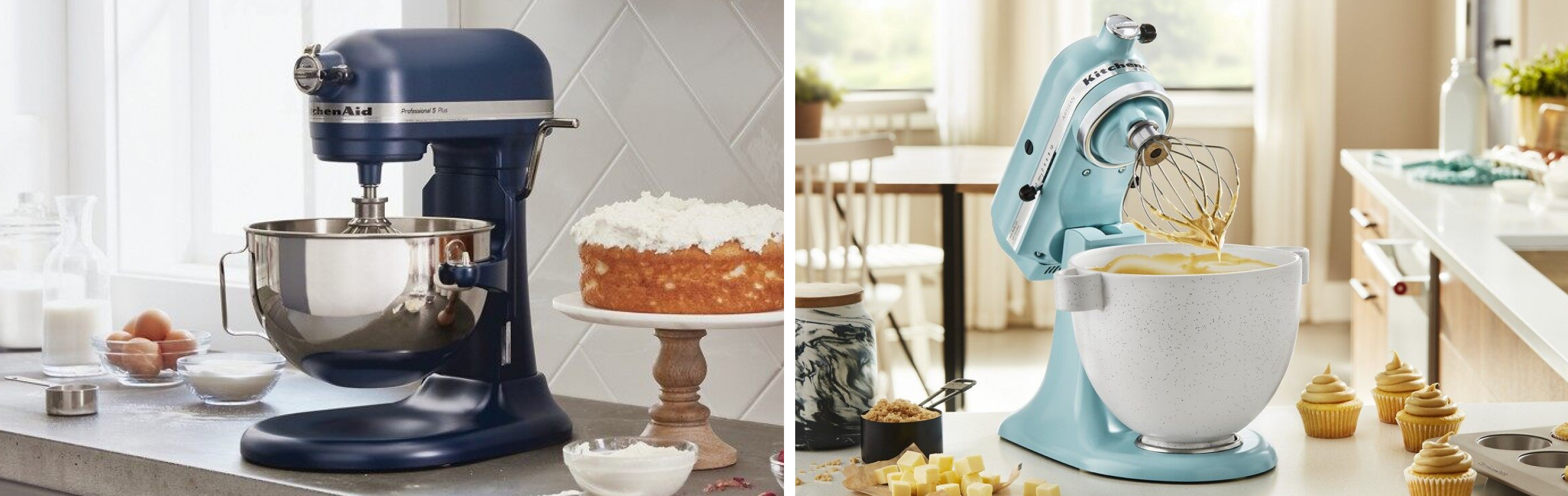 Blue bowl-lift stand mixer next to a blue tilt-head mixer