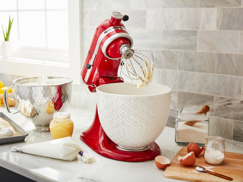 KitchenAid® stand mixer with wire whip and meringue ingredients KitchenAid® stand mixer with wire whip and meringue ingredients