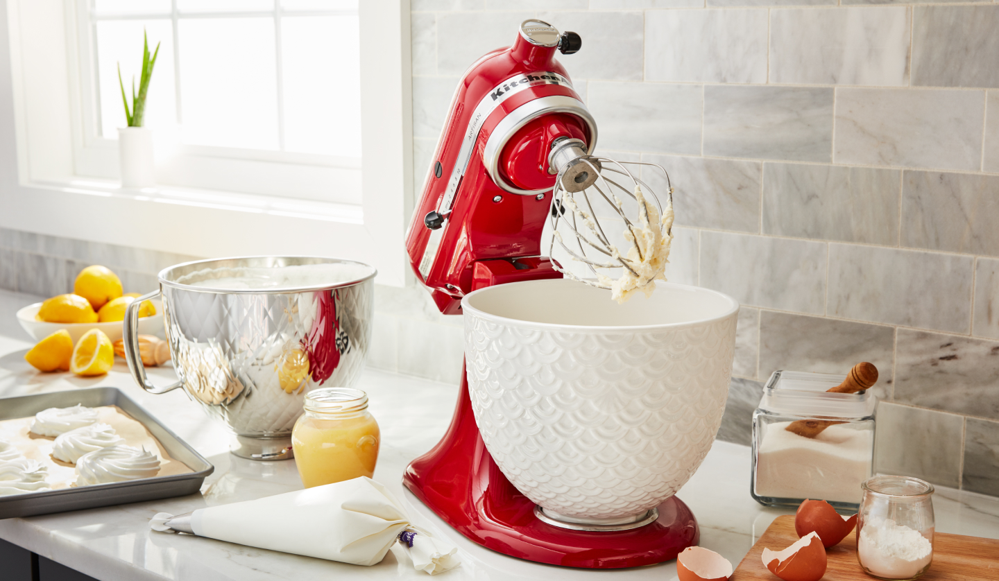 KitchenAid® stand mixer with wire whip and meringue ingredients KitchenAid® stand mixer with wire whip and meringue ingredients