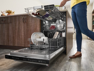 Person putting dishes in KitchenAid® dishwasher