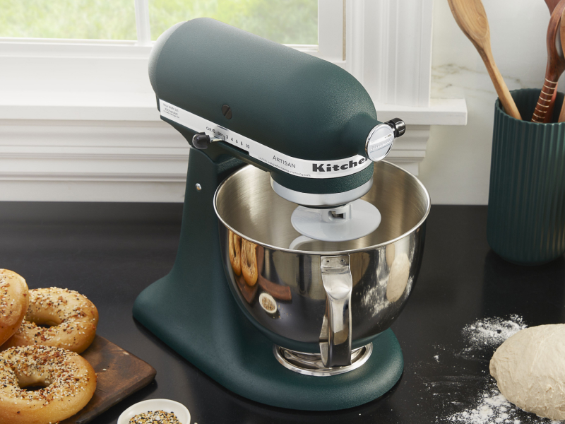 KitchenAid® stand mixer with dough and homemade bagels KitchenAid® stand mixer with dough and homemade bagels