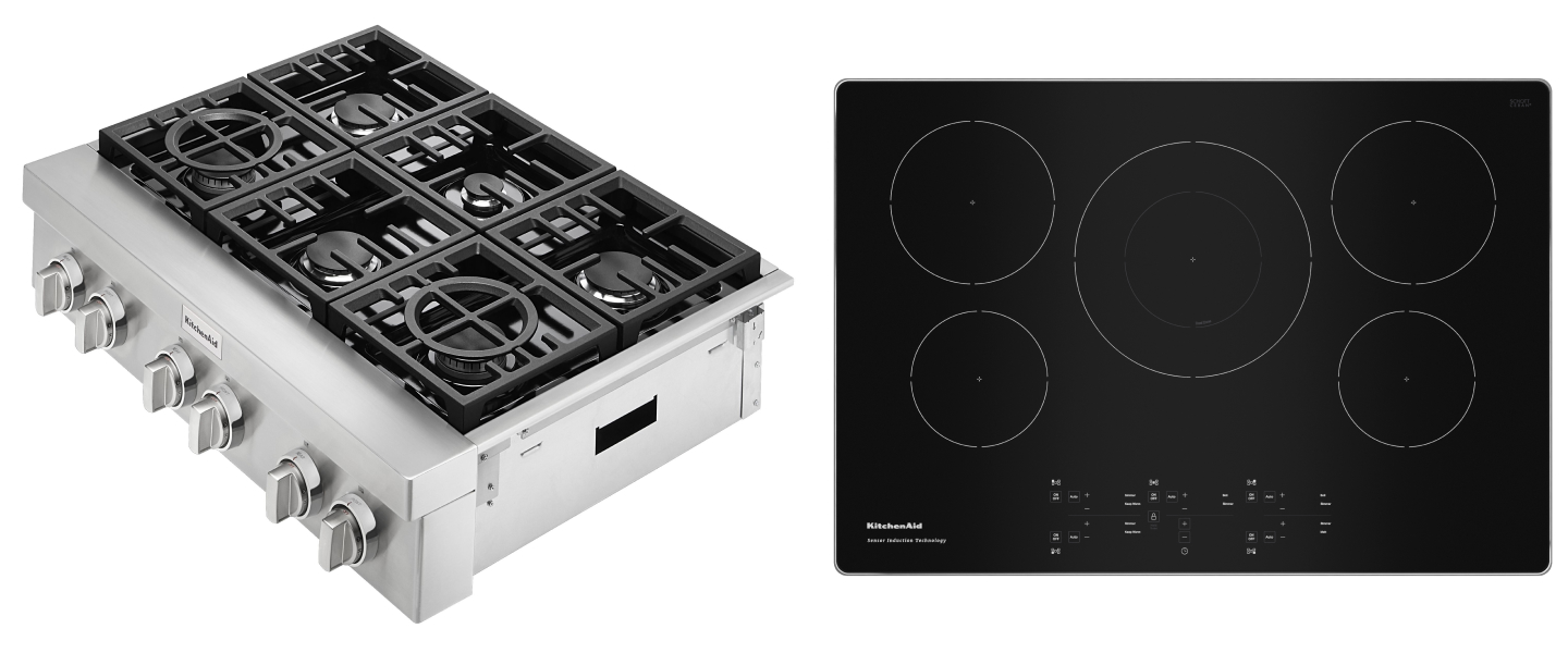 A side-view of a stainless steel KitchenAid® rangetop. A top-view of a black KitchenAid® cooktop. A side-view of a stainless steel KitchenAid® rangetop. A top-view of a black KitchenAid® cooktop.