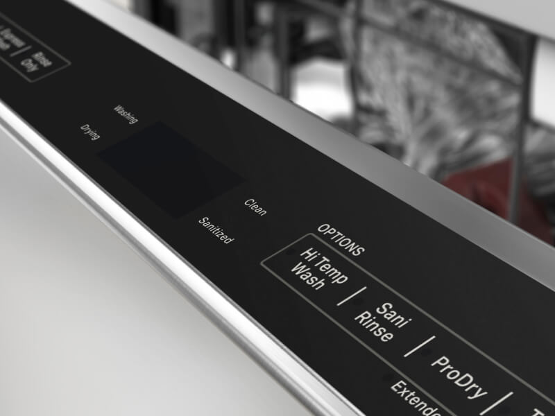 Zoomed in image of a control panel on a top control dishwasher