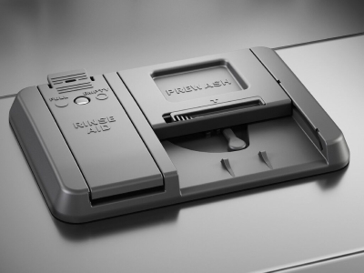 Close up image of a dishwasher detergent dispenser