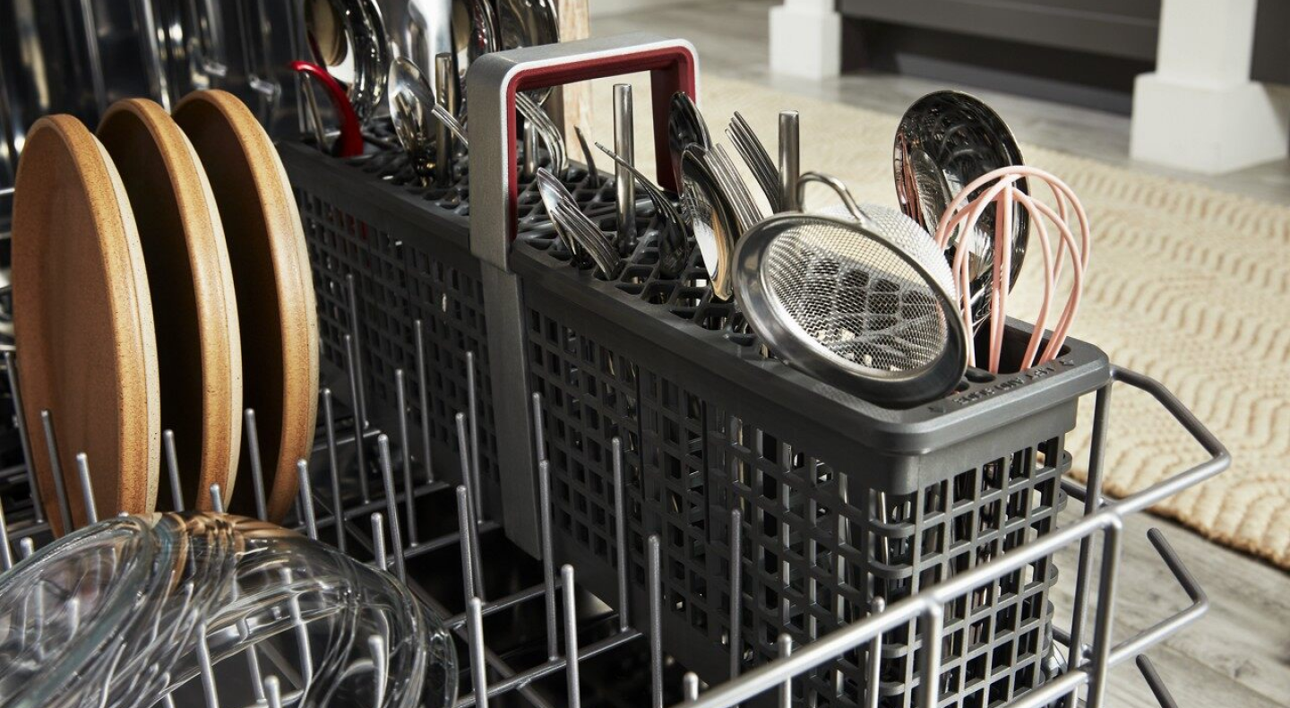 A closeup of the bottom rack of a KitchenAid® dishwasher. A closeup of the bottom rack of a KitchenAid® dishwasher.