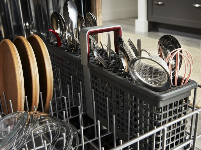 A closeup of the bottom rack of a KitchenAid® dishwasher. A closeup of the bottom rack of a KitchenAid® dishwasher.
