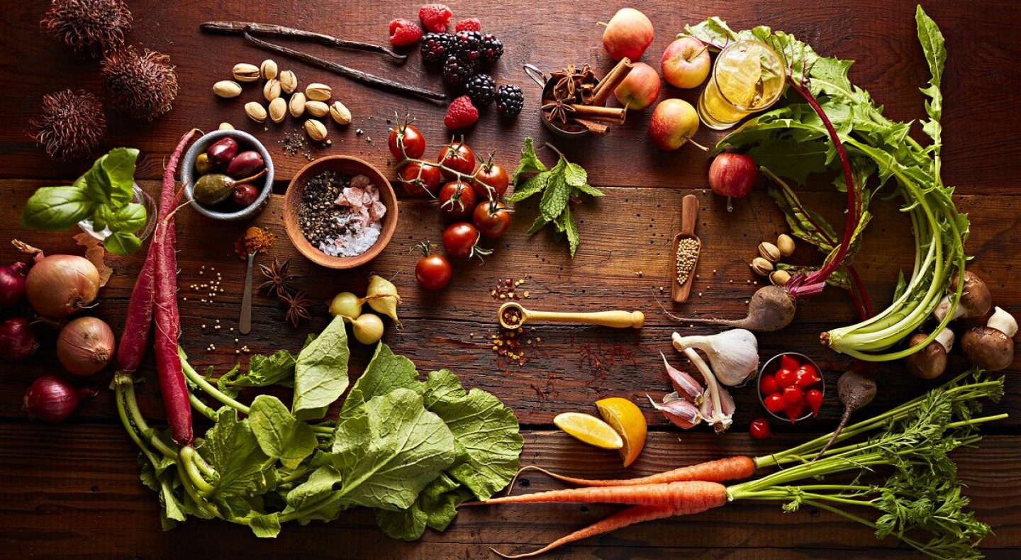Various vegetables, fruits, herbs and spices on wooden table Various vegetables, fruits, herbs and spices on wooden table