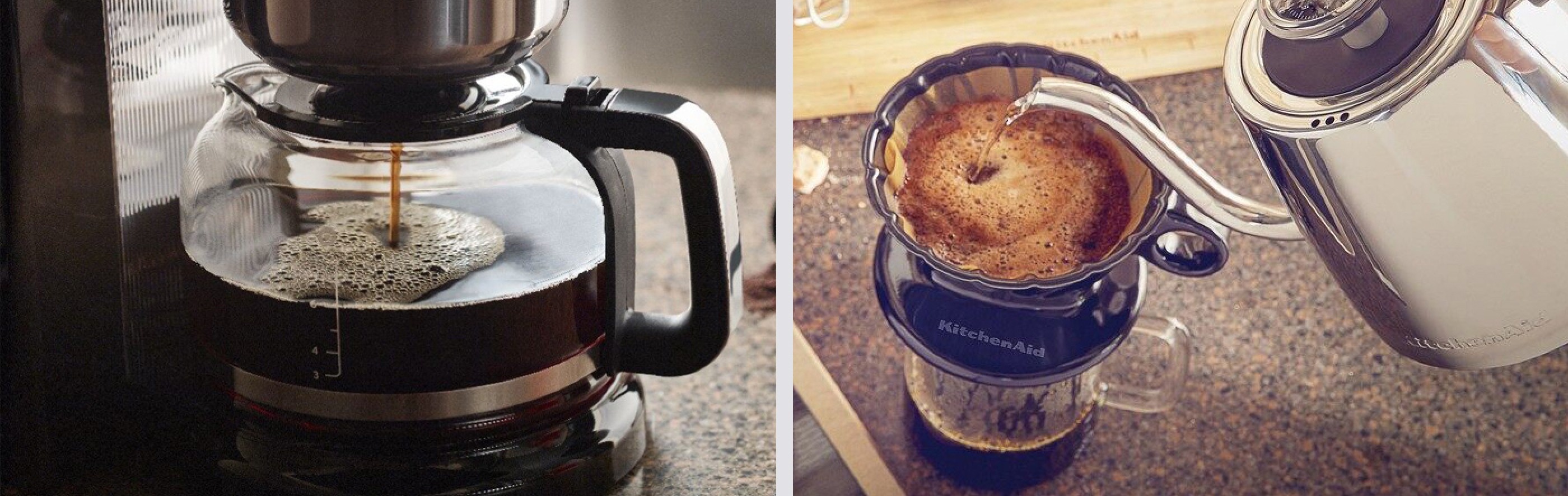 Auto drip coffee maker next to pour over coffee being made with a gooseneck kettle