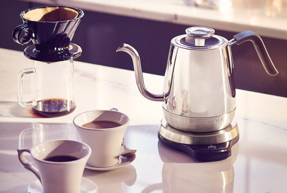 KitchenAid® gooseneck kettle on counter with coffee and pour over coffee cone KitchenAid® gooseneck kettle on counter with coffee and pour over coffee cone