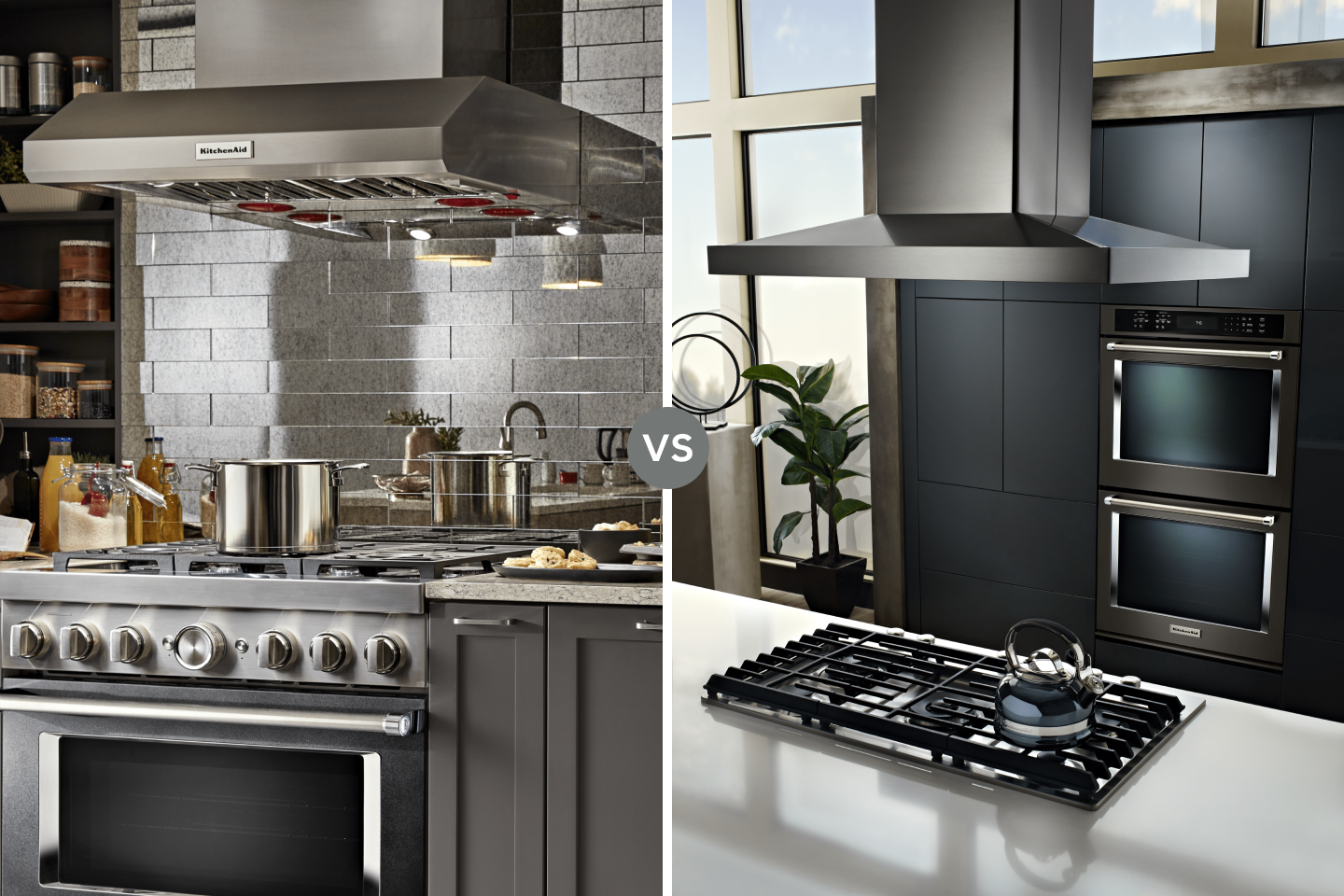 Split images of a ducted vs ductless range hood Split images of a ducted vs ductless range hood