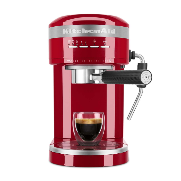 Red KitchenAid® Semi-Automatic Espresso Machine with a shot of espresso