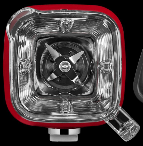 A top-down view of a KitchenAid® blender, looking down at the blades. A top-down view of a KitchenAid® blender, looking down at the blades.