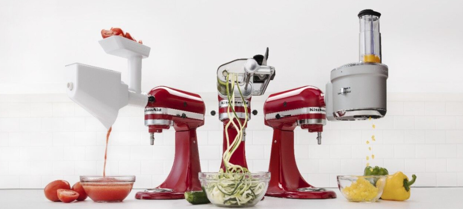 3 Red KitchenAid brand stand mixers with juicing, spiralizing and dicing attachments 3 Red KitchenAid brand stand mixers with juicing, spiralizing and dicing attachments