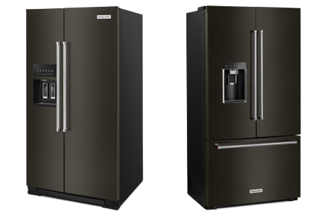 Black stainless steel side by side refrigerator next to a French door refrigerator Black stainless steel side by side refrigerator next to a French door refrigerator