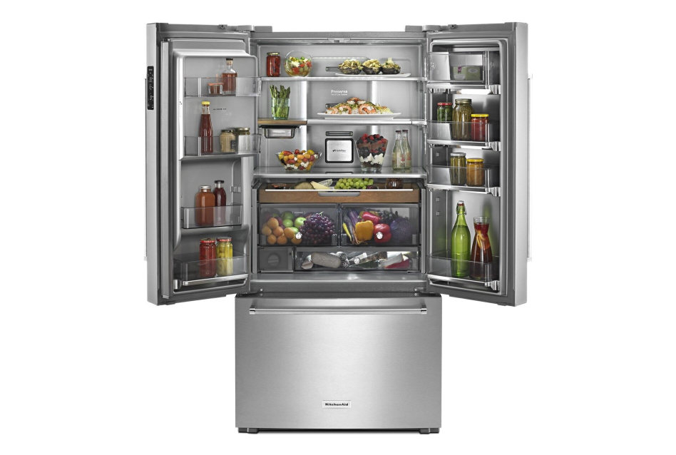French door refrigerator open on top with food inside French door refrigerator open on top with food inside