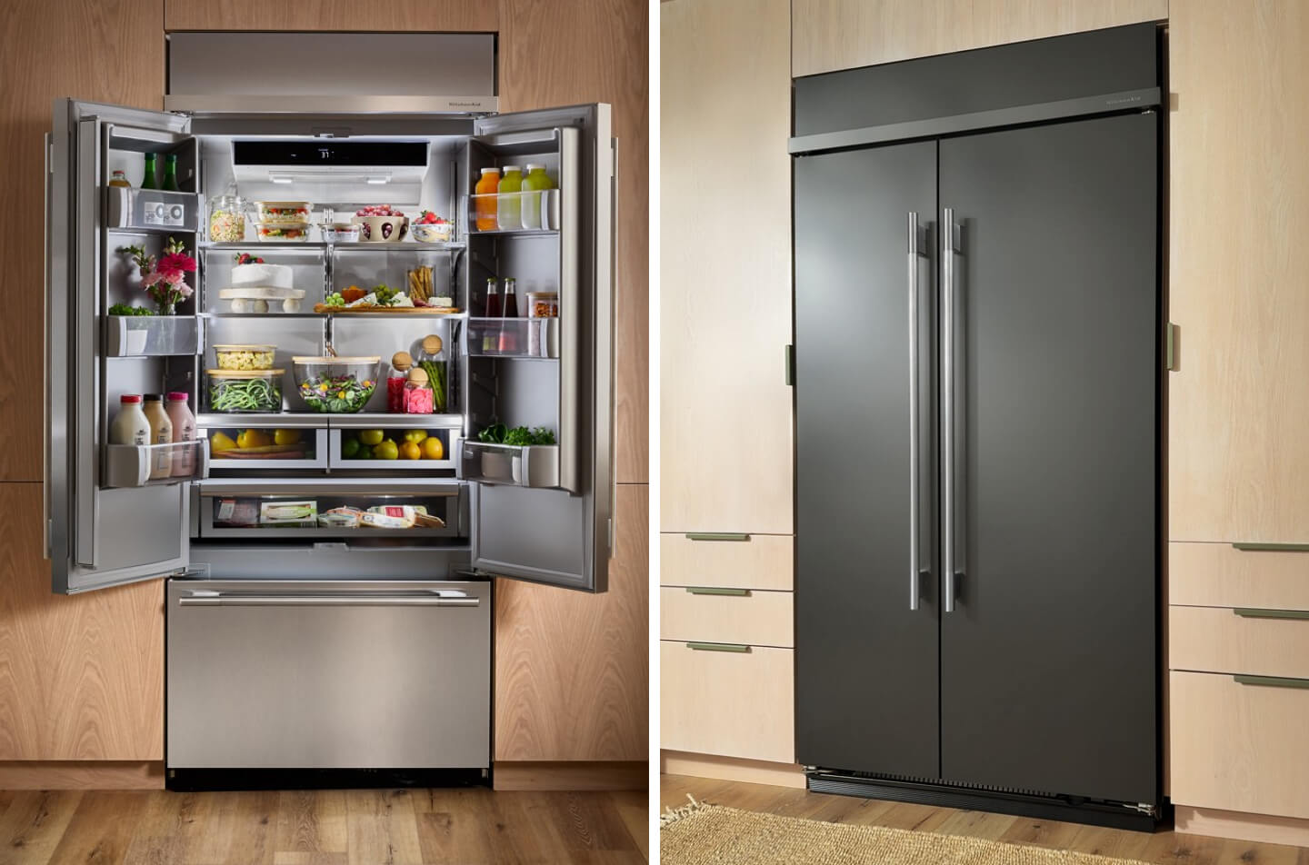 Side-by-side images of an opened French door refrigerator and a closed side-by-side refrigerator