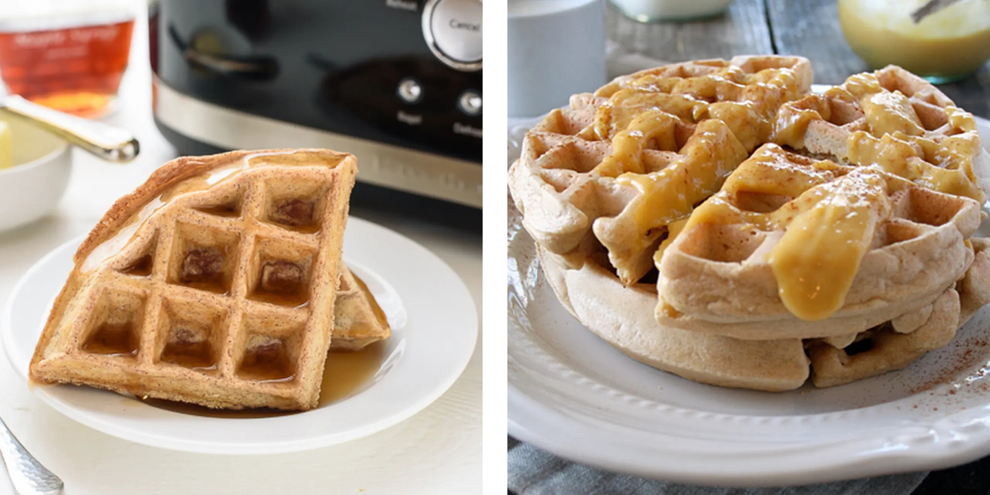 Waffles sitting on a plate drizzled with syrup and gluten-free waffles with orange curd sitting on a plate. Waffles sitting on a plate drizzled with syrup and gluten-free waffles with orange curd sitting on a plate.