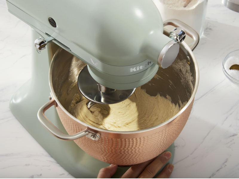 Batter being mixed inside a KitchenAid® stand mixer. Batter being mixed inside a KitchenAid® stand mixer.