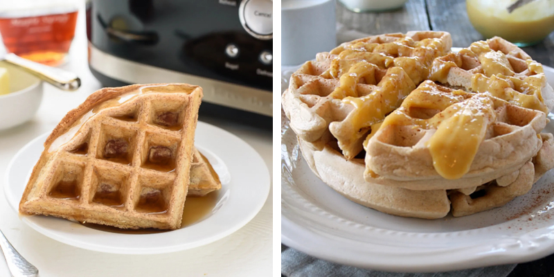 Waffles sitting on a plate drizzled with syrup and gluten-free waffles with orange curd sitting on a plate. Waffles sitting on a plate drizzled with syrup and gluten-free waffles with orange curd sitting on a plate.
