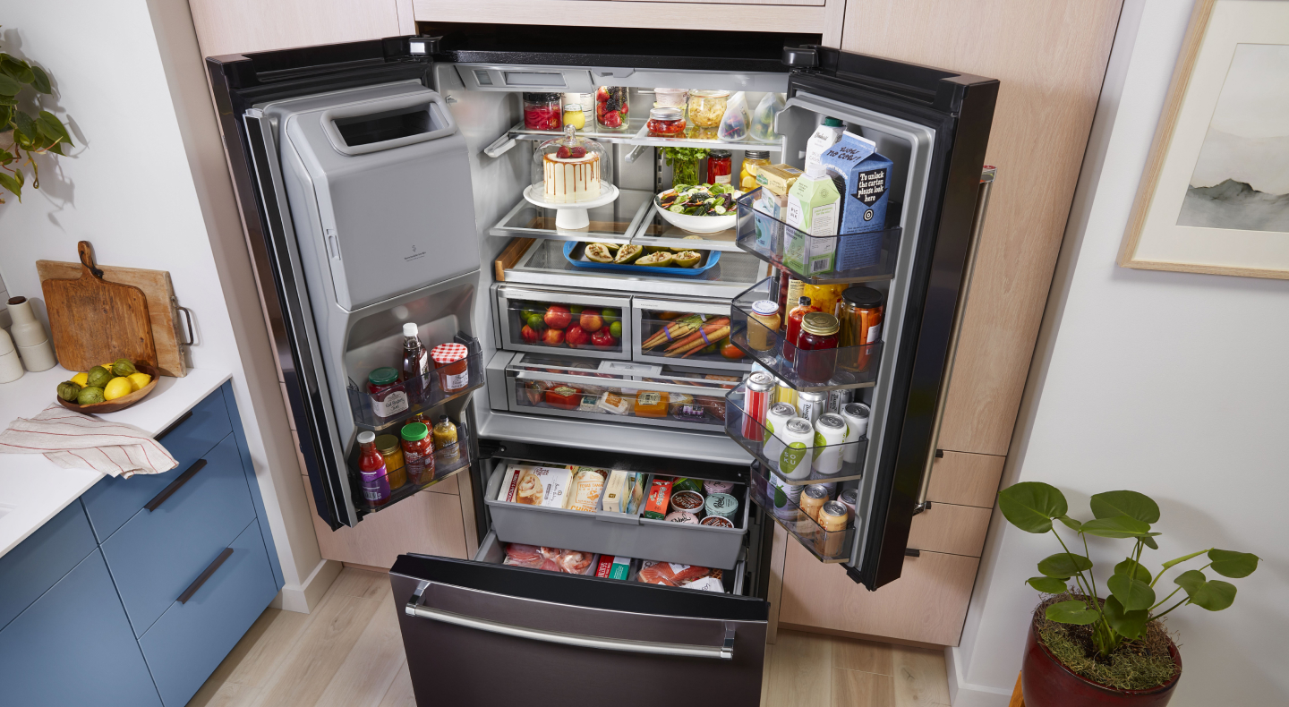 Birds-eye view of full, black stainless KitchenAid® French door refrigerator Birds-eye view of full, black stainless KitchenAid® French door refrigerator