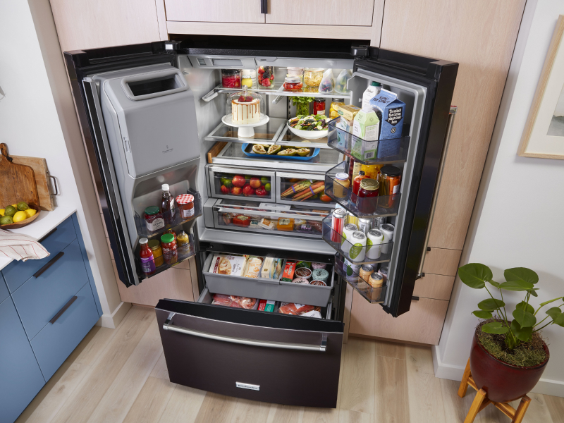 Birds-eye view of full, black stainless KitchenAid® French door refrigerator Birds-eye view of full, black stainless KitchenAid® French door refrigerator