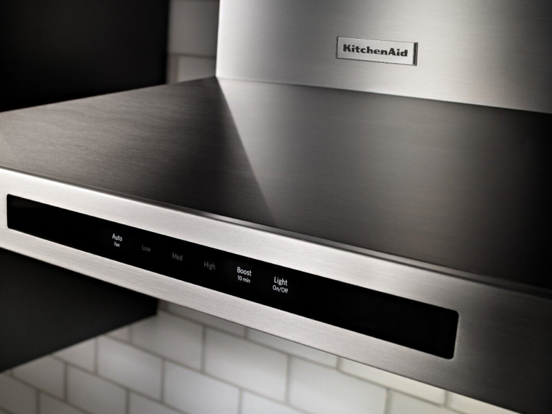 Close-up of KitchenAid® range hood control panel