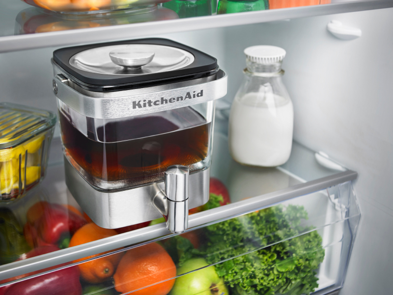 KitchenAid® cold brew maker filled with tea in a refrigerator  KitchenAid® cold brew maker filled with tea in a refrigerator