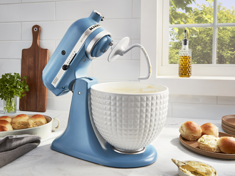 A blue KitchenAid® stand mixer used to make rolls A blue KitchenAid® stand mixer used to make rolls