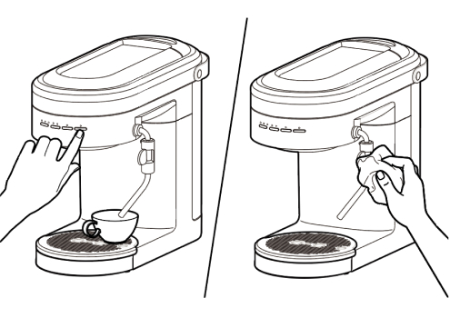 Steam wand positioned over espresso cup/ steam wand getting wiped down with soft cloth