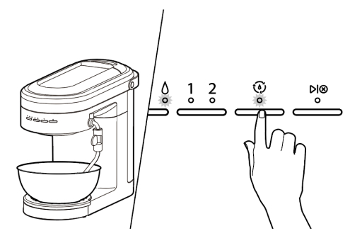 Espresso machine with bowl under group head, finger pressing clean cycle button