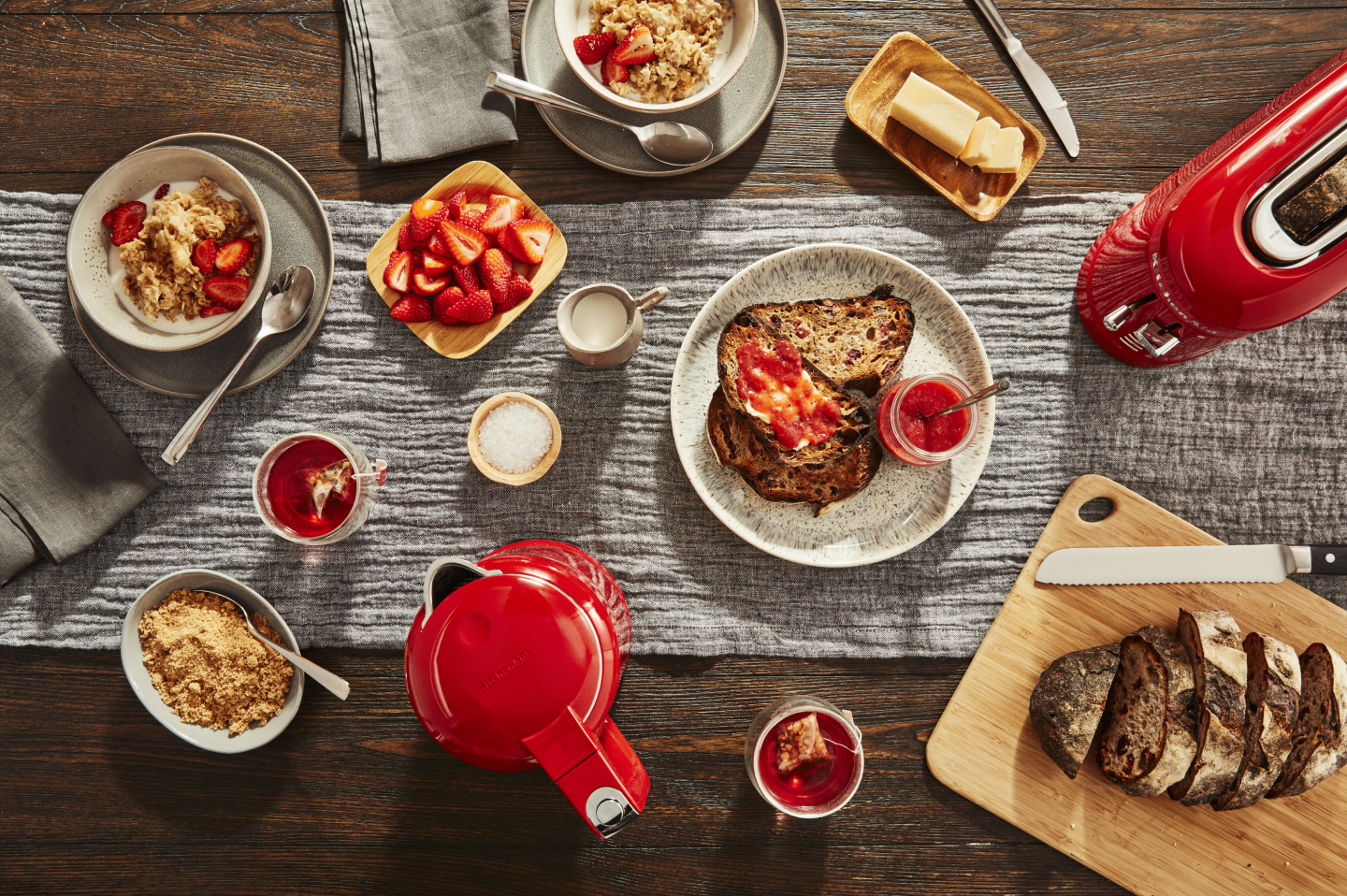 Breakfast foods next to red KitchenAid® countertop appliances Breakfast foods next to red KitchenAid® countertop appliances