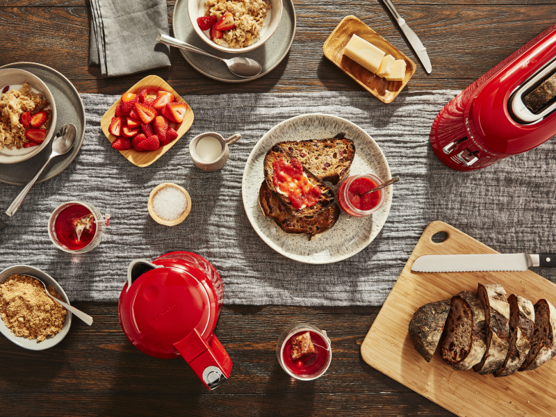 Breakfast foods next to red KitchenAid® countertop appliances Breakfast foods next to red KitchenAid® countertop appliances