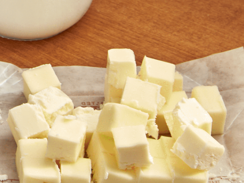 Cubed butter on top of a butter wrapper