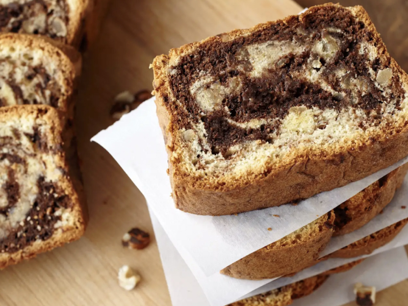 Close-up of slice of hazelnut chocolate pound cake Close-up of slice of hazelnut chocolate pound cake