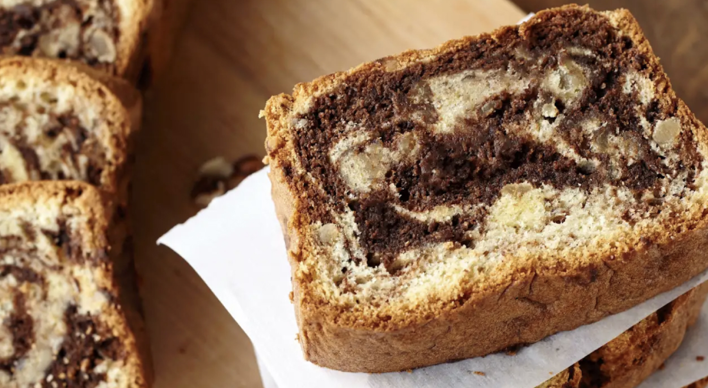 Close-up of slice of hazelnut chocolate pound cake Close-up of slice of hazelnut chocolate pound cake