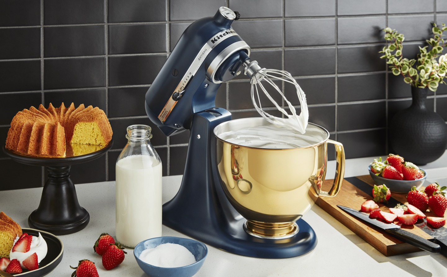 KitchenAid® stand mixer with whipped cream on a kitchen counter KitchenAid® stand mixer with whipped cream on a kitchen counter