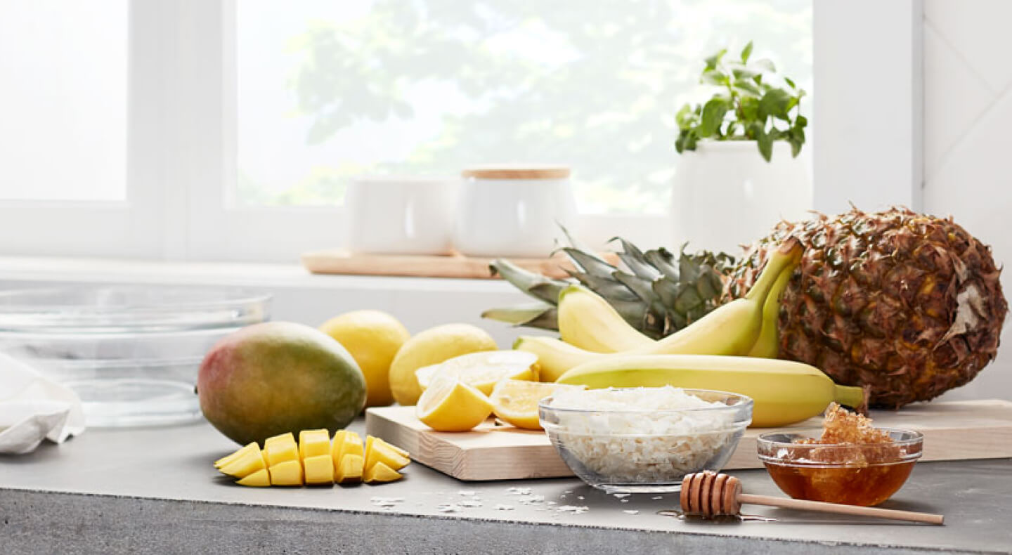 Assorted fruits on a countertop Assorted fruits on a countertop