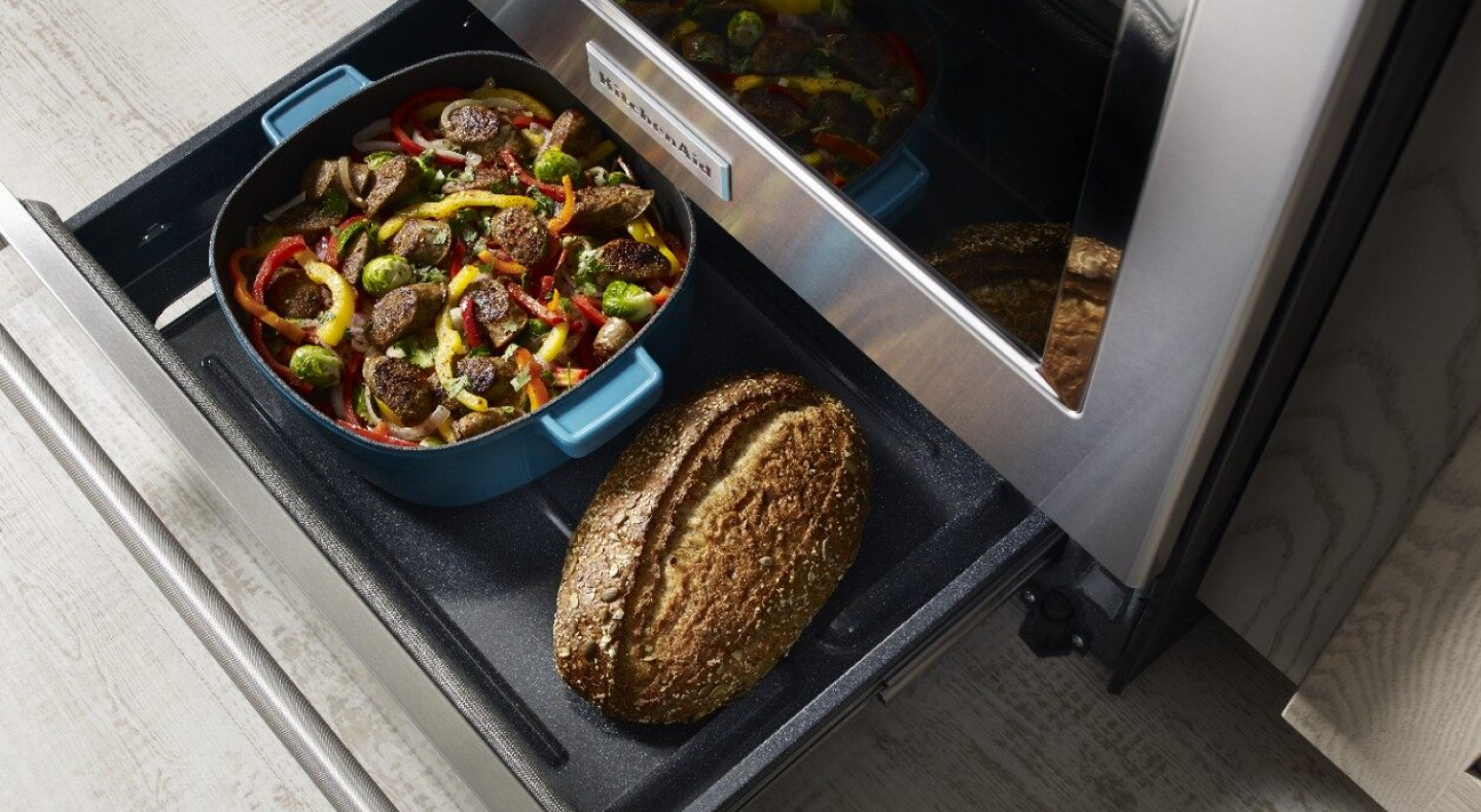 Warming drawer open on a range Warming drawer open on a range