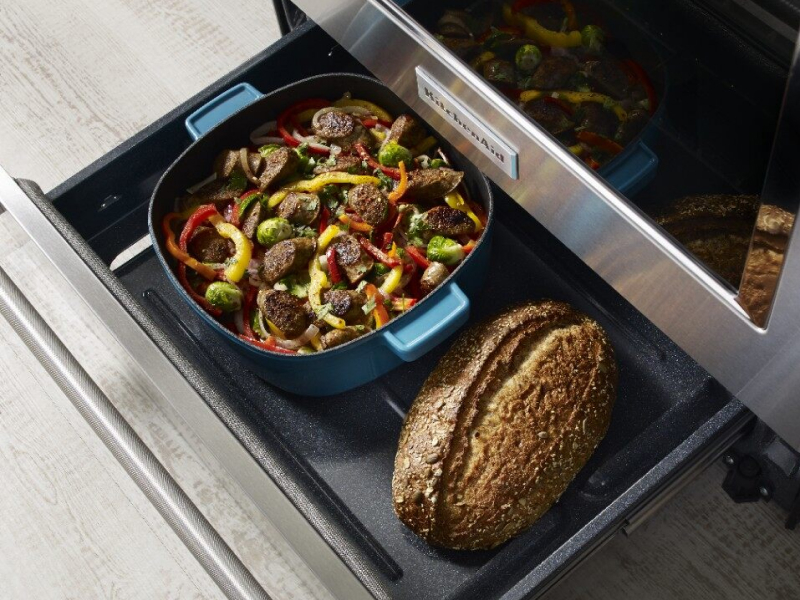 Warming drawer open on a range Warming drawer open on a range