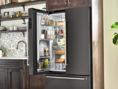 A KitchenAid® refrigerator in a modern kitchen.
